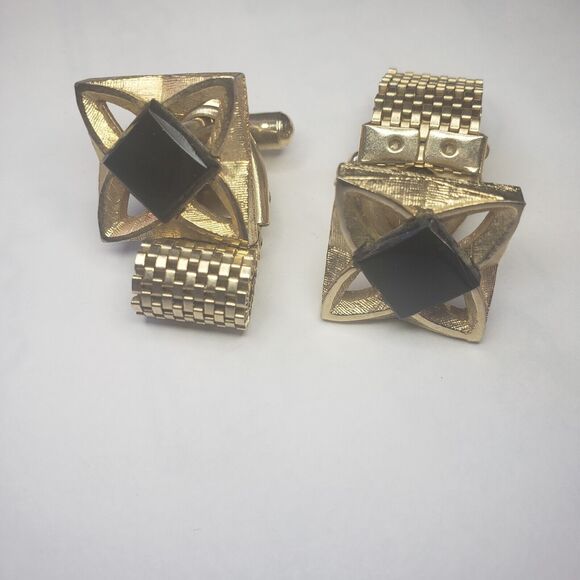 Vintage Cufflinks Gold-toned with Black Stone Square Unbranded Pre-Owned - Picture 1 of 7